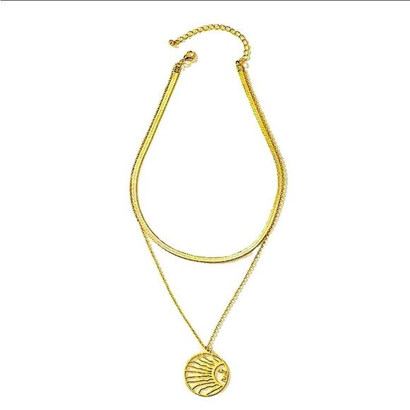 Gold Plated Sun Necklace, Herringbone, Hollow Out, Boho, Multilayer - Picture 2 of 6